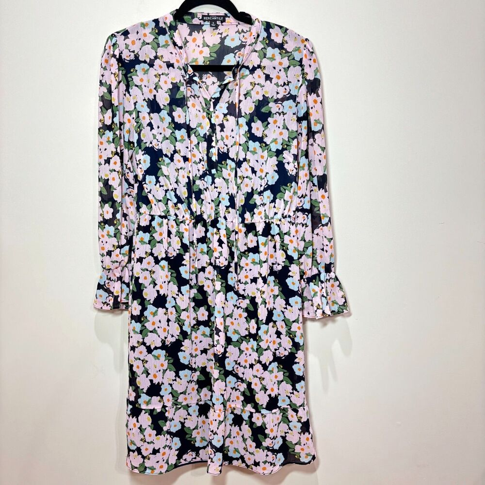 J Crew Black Pink Floral Dress S Long Sleeves A-line Romantic Career Office